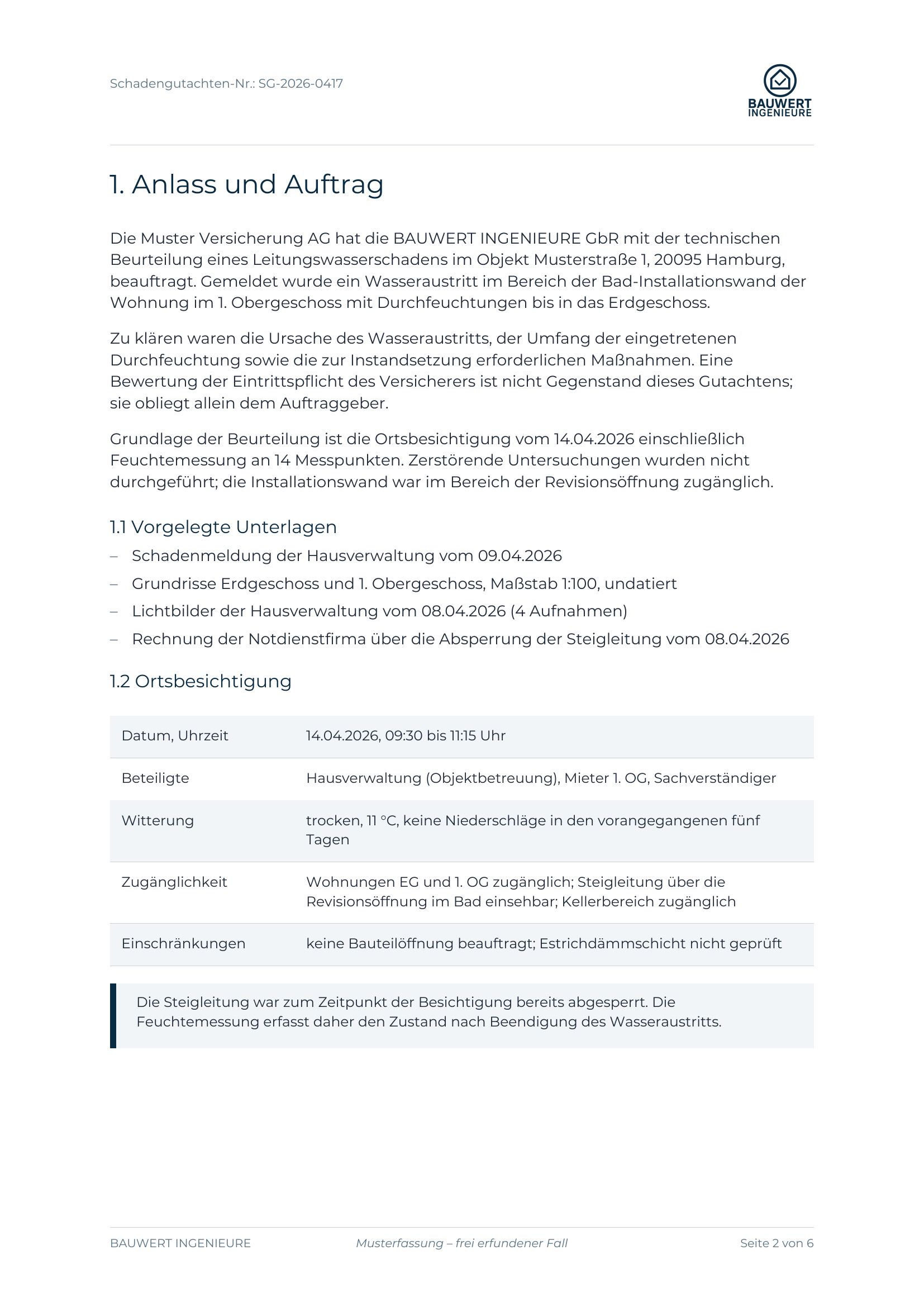 Seite 2: Anlass und Auftrag, Unterlagen, Ortsbesichtigung